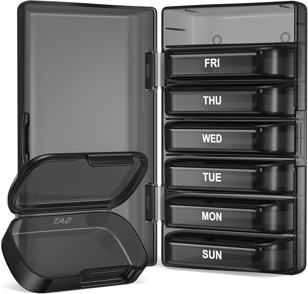 PulIV Cotygodniowy Pill Organizator z dużą pojemnością, Dual Protection Pill Box 7 Day, Artretitis Friendly Pill Case Łatwy do otwarcia, Medicine Organizer for Vitamin, Leki, Oleje rybne, Suplementy (czarny)