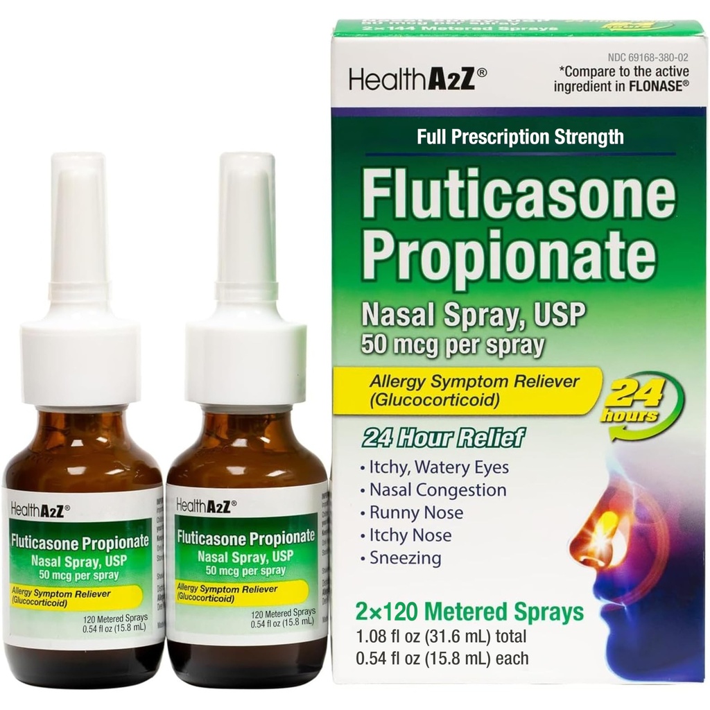 HealthA2Z ® Fluticasone Propionian Aerozol do nosa 124; Allery Relief Spray 124; Runny Nose Remoy 124; Nosal Congestion 124; Sneezing 124; Itchy Waters Eyes 124; 24 Hour Allergy Relief Relief 124; (2 opakowania)