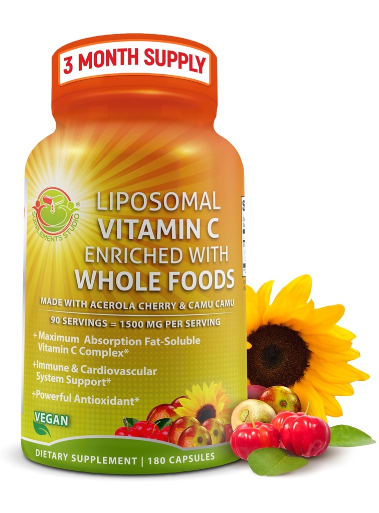 Liposomalna witamina C kapsułki - 1500mg - Made with Organic Acerola Cherries & Camu Camu, High Potency Witamina C Liposomal - Suplement wsparcia immunologicznego, Wzmocniona Absorpcja i Biodostępność - 180 Count