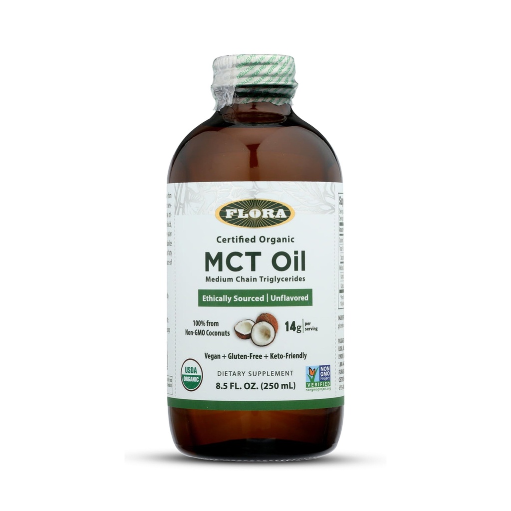 Flora - MCT Oil Certified Organic - Wspiera energię mięśniową i zdrowie mózgu - Zawiera C8 Kwas kaprylowy i C10 Kwas kaprylowy - Non-GMO, Gluten- Free, Vegan & Keto- Friendly - 8.5 fl. oz. Butelka szklana