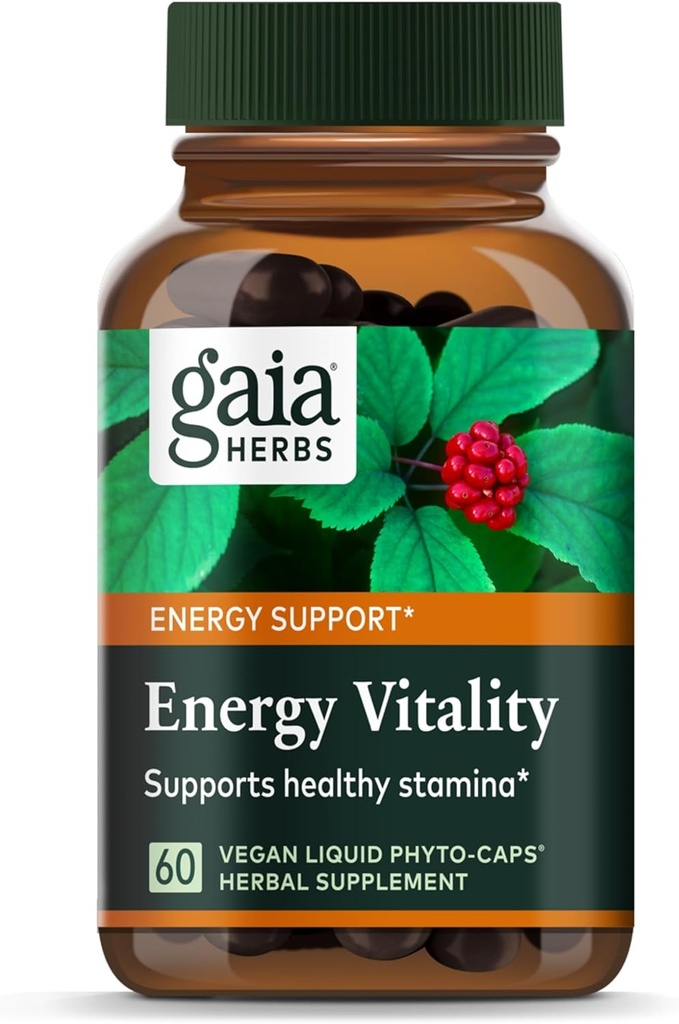 Gaia Herbs Energy Vitality - Suplement do Wspomagania Energetyki do utrzymania zdrowej energii i poziomów stresu - z Ginkgo, Ginseng, zielonej herbaty i Nettle * - 60 Vegan płynne kapsułki fito- (20- Day Supply)