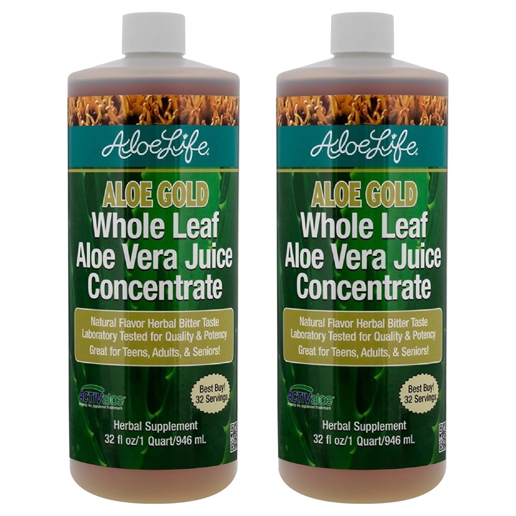 Aloe Life - cały liść Aloe Vera Sok, Organiczny, Bez glutenu (Aloe Gold, 32 oz) 124; 2- Pack