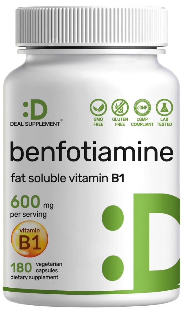 Benfotiamina 600mg Per Serving, 180 Kapsułek wegetariańskich (300mg Per Cap) - rozpuszczalna w tłuszczach witamina B1 Suplement tiaminy - 3. strona Tested, Wegan, Non-GMO, Gluten Free
