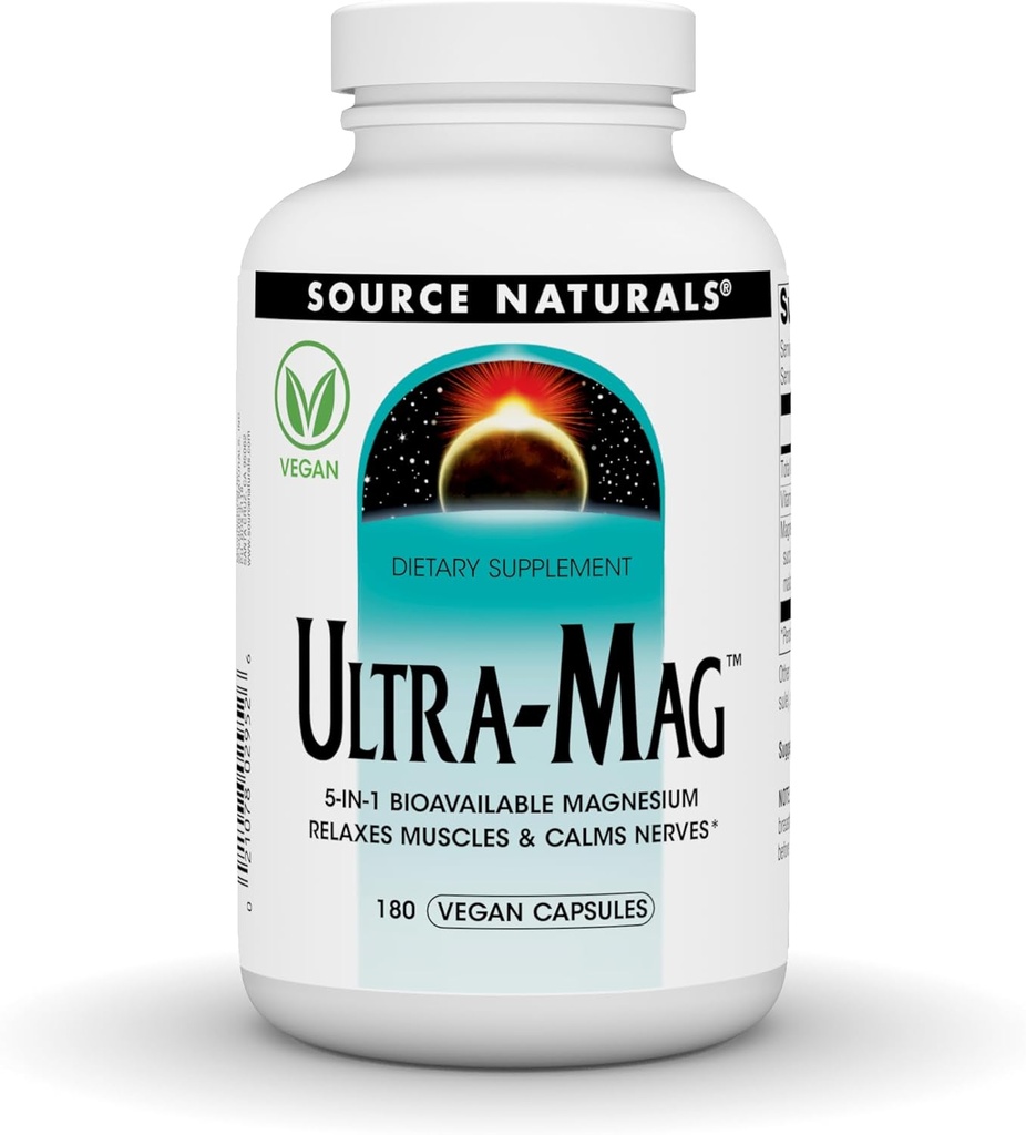 Źródło Naturals Ultra- Mag, Vegan Dietary Supplement, 5- in1 Bioavailable Magnez, Relaxes Muscles & Calms Nerves *, Vegan Capsules (180)