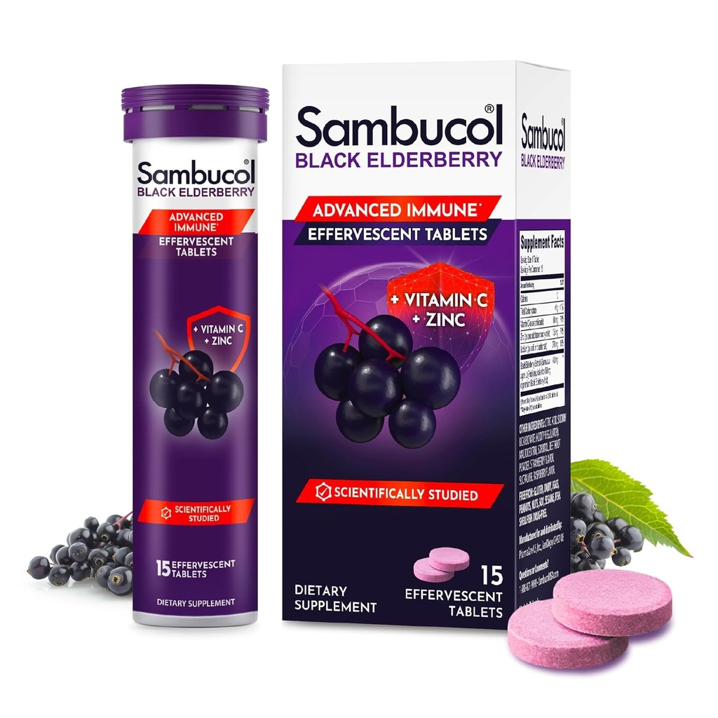 Sambucol Black Elderberry Effervescent Tablets - Elderberry z cynkiem i witaminą C dla dorosłych, Elderberry Rozpuszczanie Tablets, Jagody - 15 Count