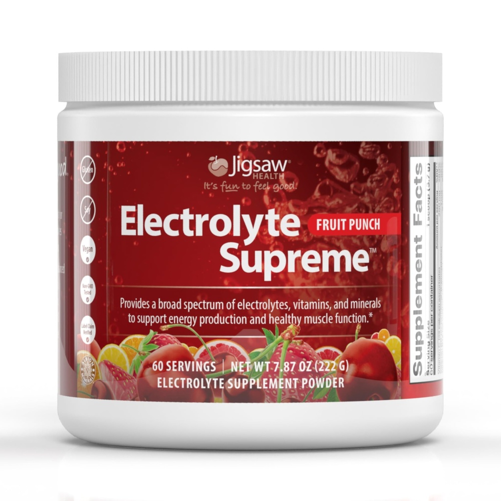 Jigsaw Zdrowie Electrolyte Supreme 124; Szerokie spektrum elektrolitów + Ślad minerałów 124; Owoce Punch Flavor 124; 60 Sług (Jar)