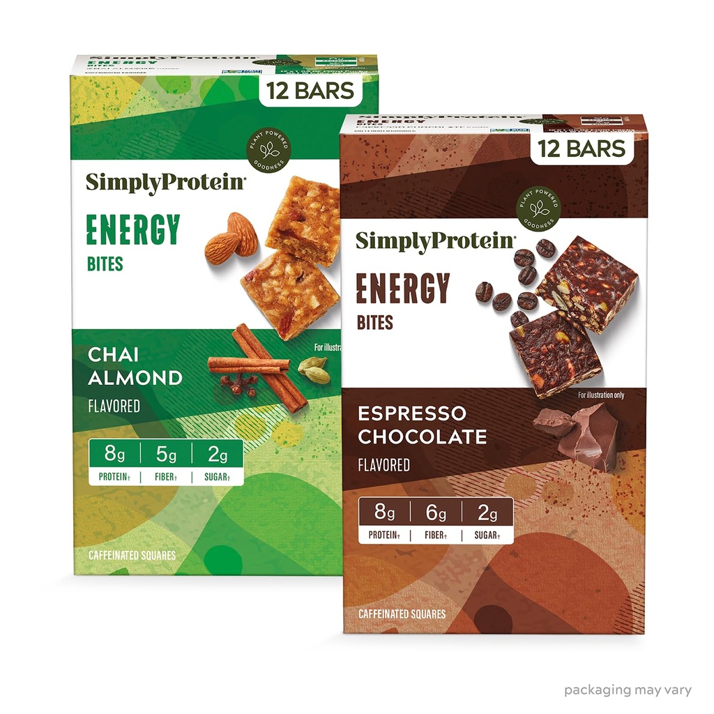 Proste białko - Energy Bites Variety Pack, 24 Bary - Plant Based Caffeided Squares - 55mg Cafeline - Energy Boost - 8g Protein, 2g Sugar, 5- 6g Fiber, 120- 130 Calories - Vegan, Gluten Free, Non GMO