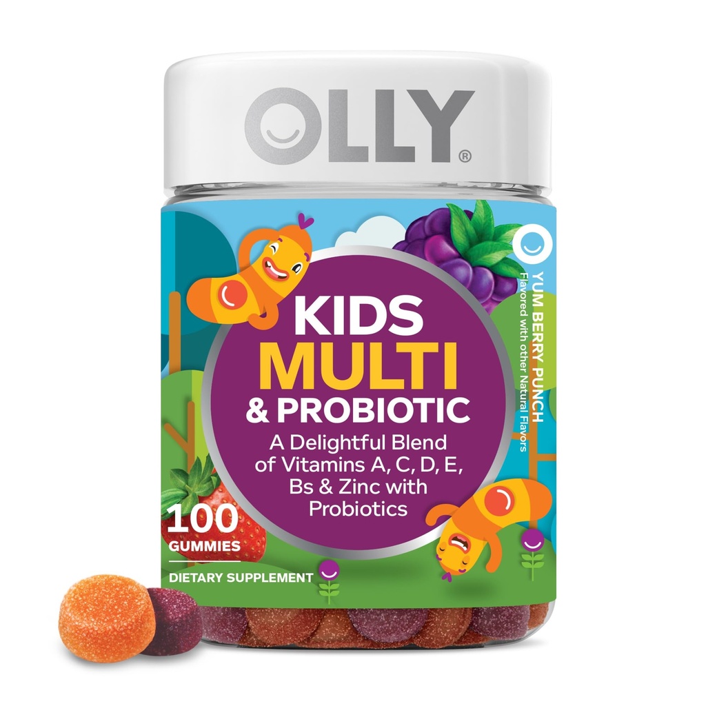 OLLY Dzieci Multivitamin & Gummy Probiotyczne, Poparcie trawienne, Witaminy A, D, C, E, B, Cynk, Suplement do żucia, Berry Flavored, 50 Day Supply - 100 Count
