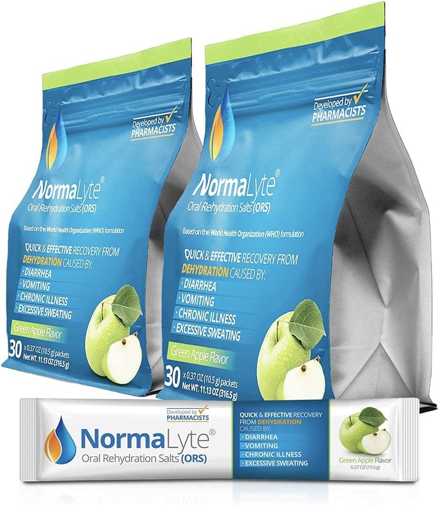 NormaLyte Oral Rehydration Salts-2 Pouches - 60 Sticks (Wynosi 500 ml na opakowanie) - Apple 124; Suplementy energetyczne, Suplement potasu, Odzysk odwadniania i szybkie wchłanianie