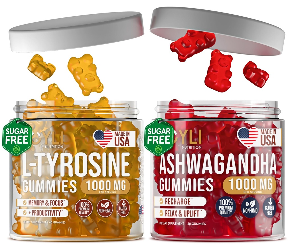 L- Tyrosine Gummies + Ashwagandha Gummies - L Tyrosine Supplement and Ashwagandha Supplements Bundle - Ashwaganda, L- Tyrosine for Kids & Dorośli - 60 Ashwa Gummies, 60 L- Tyrosine Focus Gummies