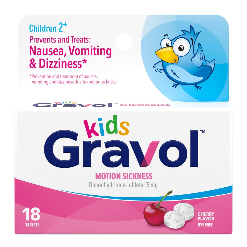 Gravol Dzieci żuć tabletki dla Nudności, Zdenerwowane żołądki i choroby ruchowej Relief, Dye Free, Cherry Flavor, wiek 2 do 12, 18ct