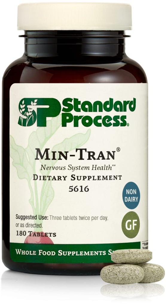 Standard Process Min- Tran - Suplement do Systemu Nerwowego - Dobre Źródło Magnezu - Obsługuje Śpiące Szlaki & Zdrowa Reakcja Stresowa - Bezglutenowe, Non-Dairy & Non-Soy - 180 Tabletki