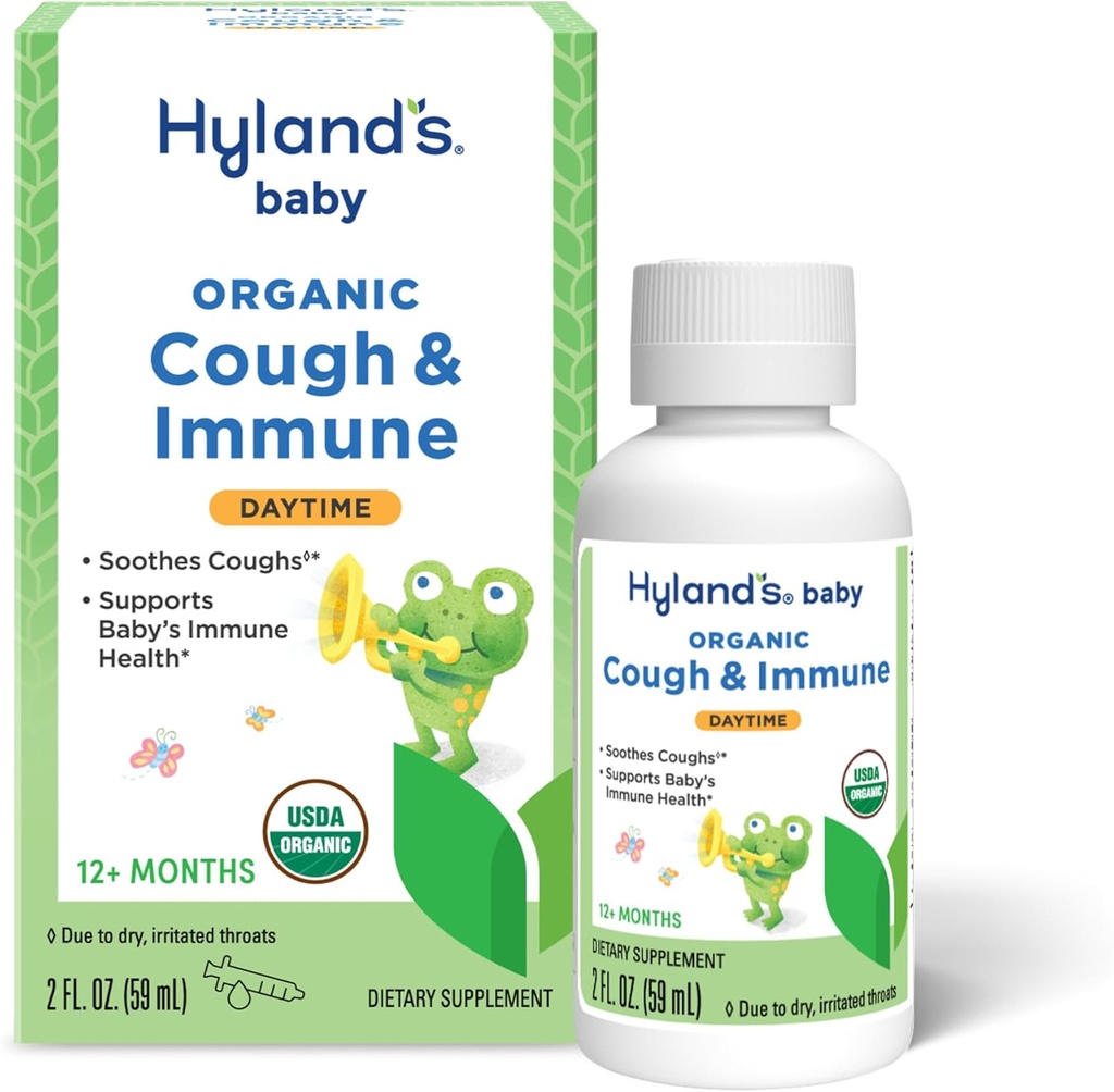 Hyland 's Baby Organic Cough Syrop i Immune Support z Agave, Elderberry i Granat, Soothes Cough, i wspiera odporność, Daytime, 2 Fl. Oz.