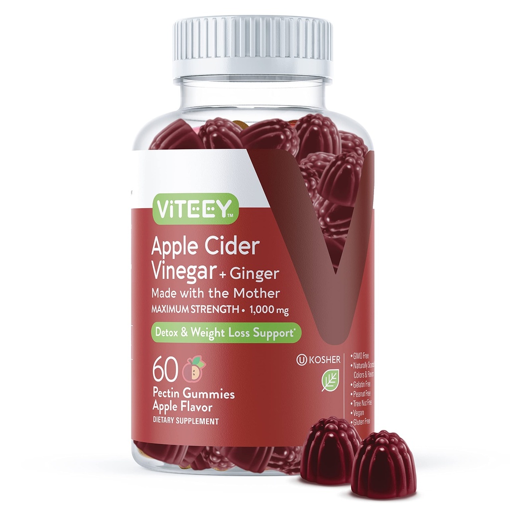 Viteey Jabłko Cydr Gummies i Ginger - 1000 mg Gummies ACV dla utraty wagi, Detox i trawienie - Wegan, Gluten- Free - 60 Count