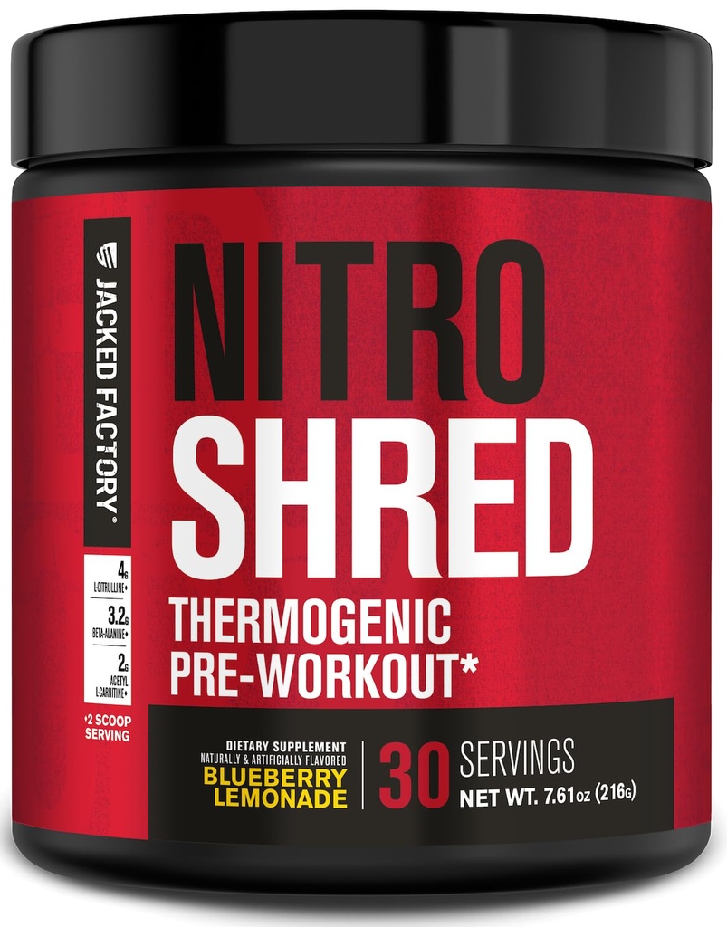 Jacked Factory NITROSURGE Shred PreWorkout Supplement - Energy Booster, Instant Strength Gains, Sharp Focus, Potężne pompy - Aciric Oxide Booster & PreWorkout Powder - 30Sv, Blueberry Lemonade