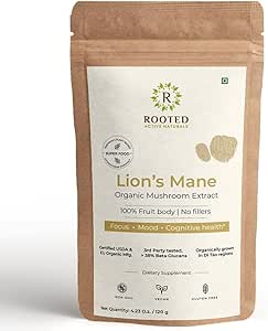 ROOTED Active 's Lions Mane Mushroom Extract Powder USDA Organic, 38% Zweryfikowane Beta Glucans do 124; Cognition, Clarity, Focus & Mood, Brain Health Support (4.23 unce)