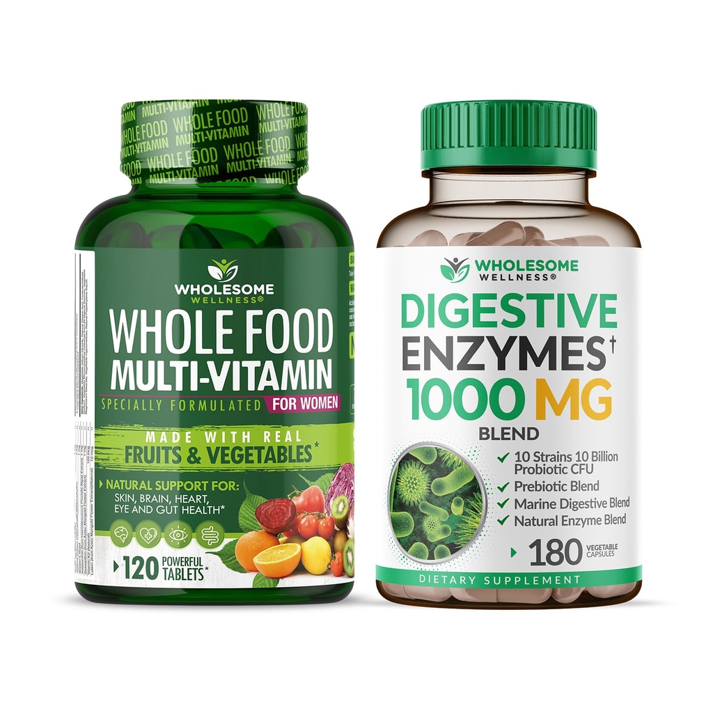Zdrowe Wellness Whole Food Multivitamin dla kobiet - Natural Multi Vitamin, Minerały, Ekstrakty Organiczne Digestive Enzymes 1000MG Bundle