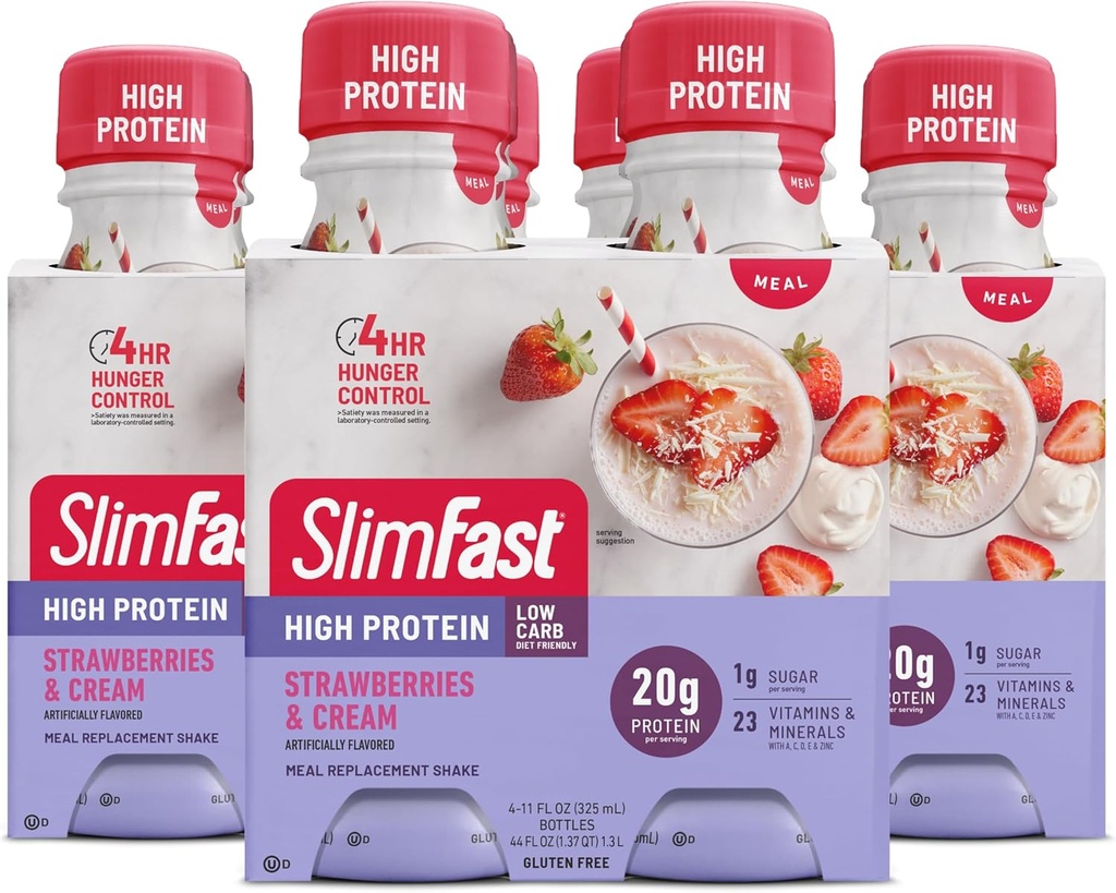 SlimFast Advanced Nutrition Meal Replacement Protein Shake - gotowy do picia, różowy, truskawki i śmietana, 4 butelki (Opakowanie 3)