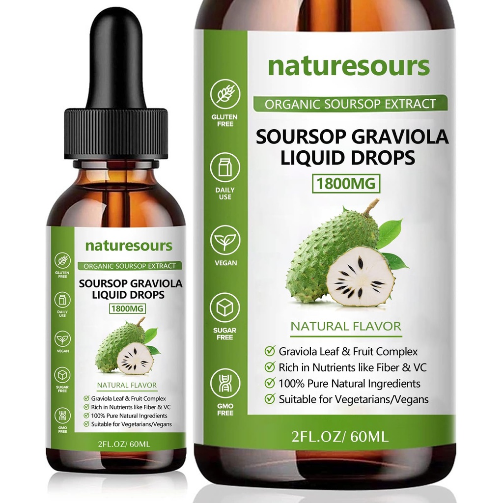 Naturesours 100% Pure Organic Soursop Extract, Soursop Graviola Liquid Drops 1800MG, Organic Pure Soursop Leave and Fruit Extract, Sugar / gluten Free, 2 FL.OZ (1)