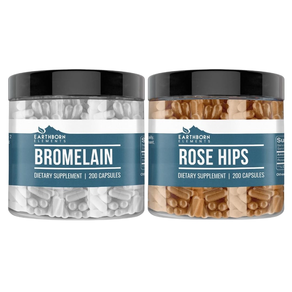 Ziemskie pierwiastki Rose HIPS & Bromelain Capsule Bundle (200 Kapsułek każdy), Czysty i Nierozcieńczony, Brak dodatków