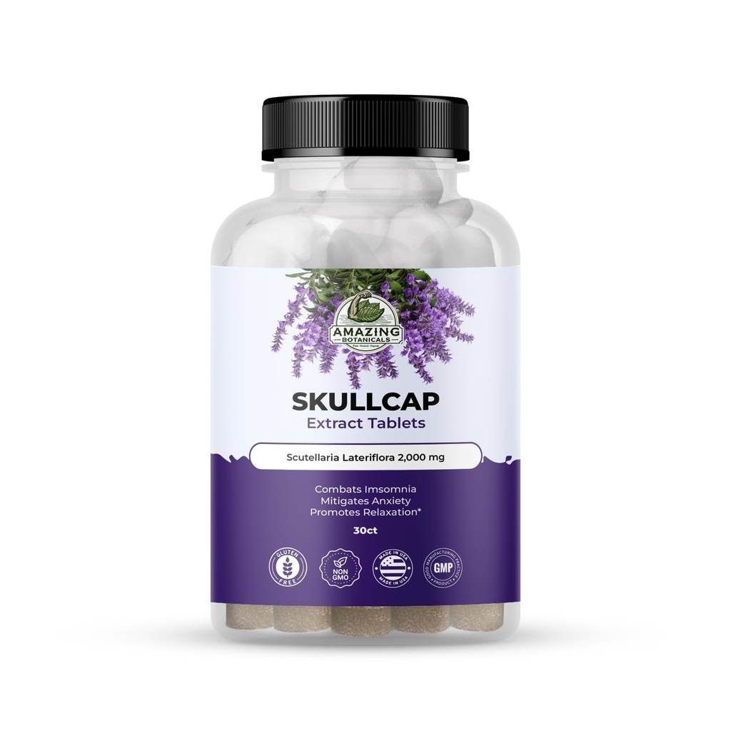 Amazing Botanicals Skullcap 10X Extract Tablets 2000 mg - Wysokiej mocy suplement ziołowy do relaksacji i odnowy biologicznej - 30 tabletek