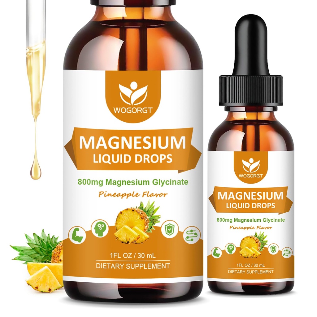Płynne krople glicynianu magnezu z cytrynianem i tauratem - kognicja, mięśnie i koncentrat, suplement kompleksu magnezu płynnego z witaminą D3, GABA, L- teaniną, aromatem ananasowym - 1 Fl Oz (2 opakowania)