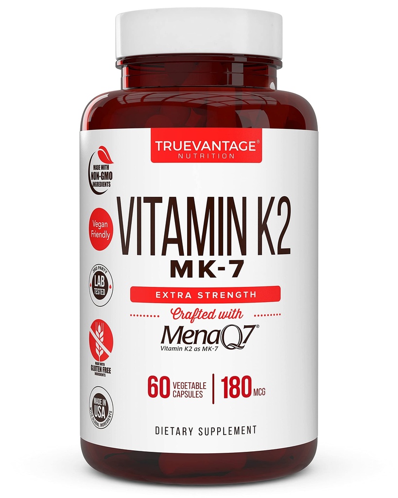 Witamina k2 MK- 7 Suplement 180mcg - Witamina K2 Wspiera zdrowie kości i serca dla układu sercowo-naczyniowego Wchłanianie wapnia z artrety- 60 Łatwe do połknięcia wieczka roślinne MenaQ7 K2 MK7
