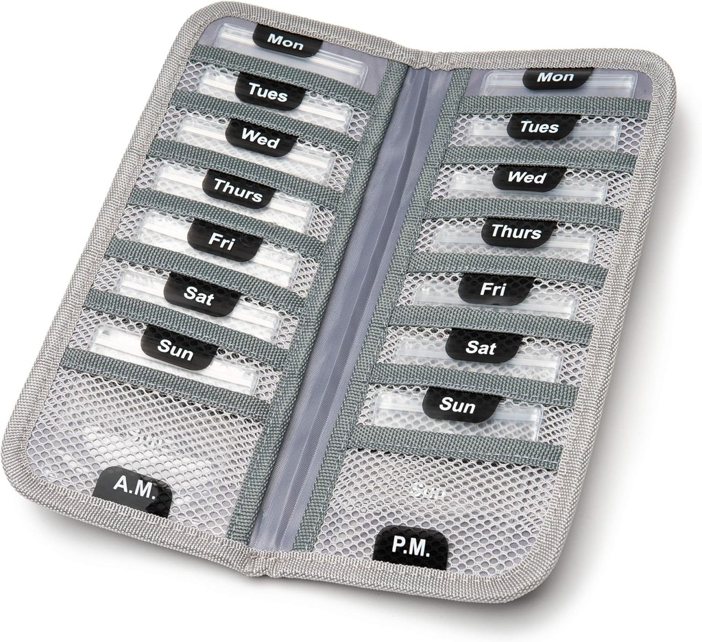 AM / PM Bi- Folding Pill Organizator + Supplement Case for OTC Medicine, Rescription + Vitamin - 14 Etykiety Monday-Sunday Slide Lock Pouches, Szary Travel Pill Case