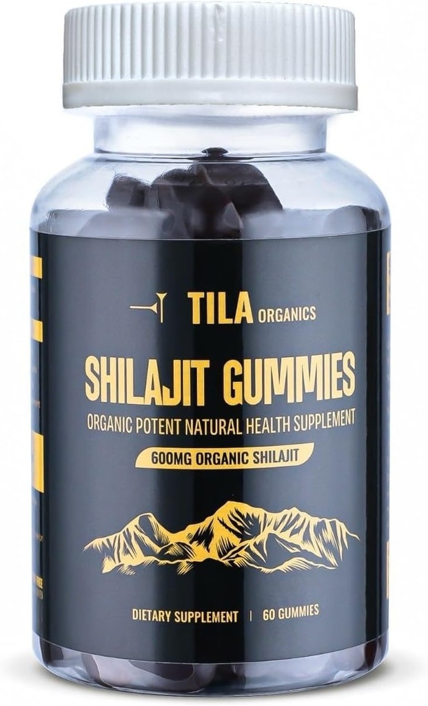 Tila Organic Himalayan Shilajit Resin Soft Gels - 60 Gummies, 600 mg- Naturalny suplement dla mężczyzn i kobiet z ponad 85 Minerałów śladowych, kwasu Fulvic i kwasu Humic Vegan Gluten Free