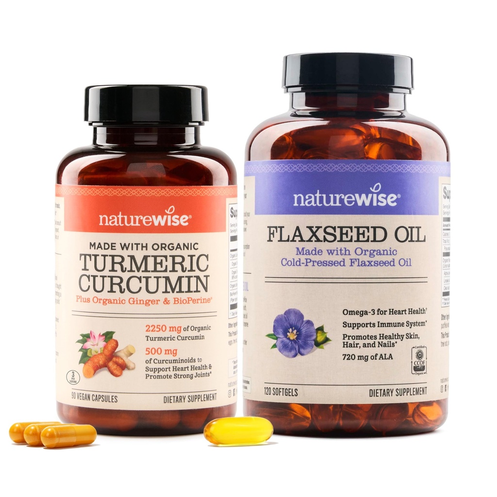 NatureWise Curcumin Turmeric 2250mg & Olej lniany 1200mg Omega 3 6 9 Softgels for Joint, Heart & Immune Support [1 & 2 Miesiąc dostaw]