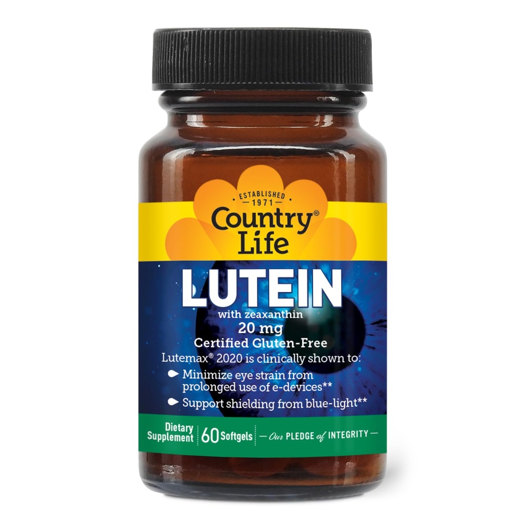 Country Life Lutein 20 mg Supplement - Certified gluten- Free - Eye Health Support with Lutein and Zeaksantyna - Redukuje Szczeliny oczu od Screens - No Yeast, Kukurydza, Pszenica, Mleko - 60 Softgels