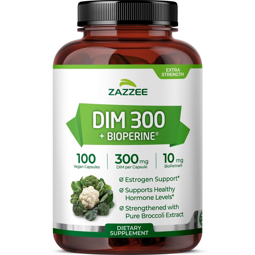 Zazzee DIM 300 mg Per Capsule, 100 Count, Plus 10 mg BioPerine, Estrogen Balance, Hormonal Acne, Menopauza Support, Hormonal Balance, Diindolylmetan, Wegan, All- Natural, Non-GMO, Made in USA