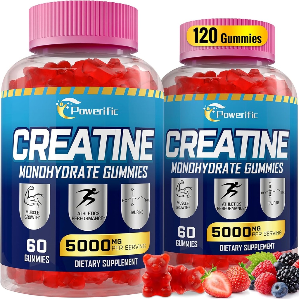 Jednowodzian Gummie dla mężczyzn i kobiet Przed treningiem Gummie z Tauryną, Witamina B6 & B12 Jednowodzian Kreatyny Chewable dla zwiększenia siły, Energia, Wytrzymałość, Mięśnie, Organiczne (2 opakowania)