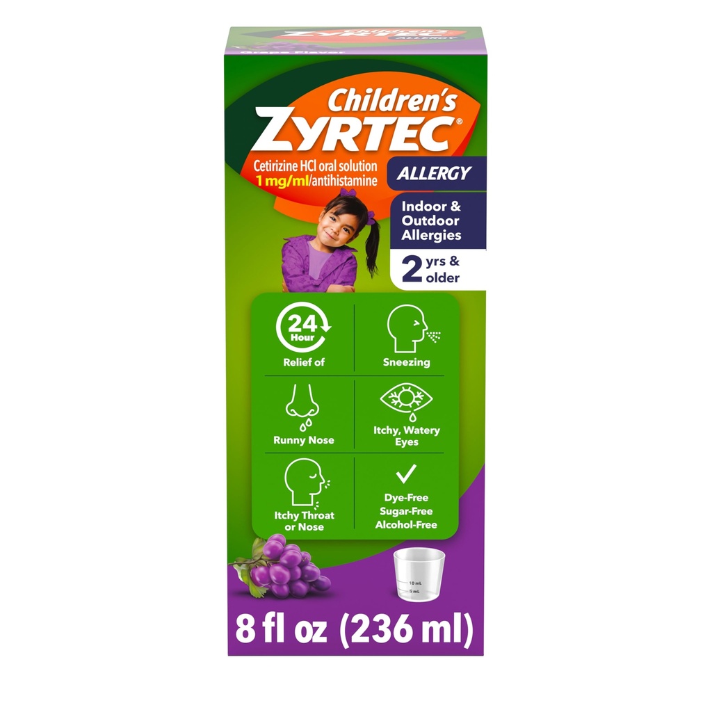 Zyrtec 24 Hour Allergy Relief Syrop, 5 mg Cetirizine Hydrochlork Antihistamina, Dzieci Allergy Medicine for Indoor & Outdoor Allergy Relief, Die- & Sugar- Free, Grape, 8 fl. oz