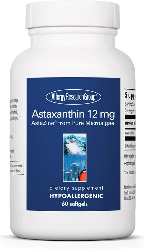 Alergia Research Group Astaksantyna 12 mg Suplement - z mikroalg organicznych, Zdrowie oczu, AstaZine Astaksantyna, Naturalny przeciwutleniacz, Zdrowie skóry, Wsparcie funkcji mózgu, Softgels - 60 Count