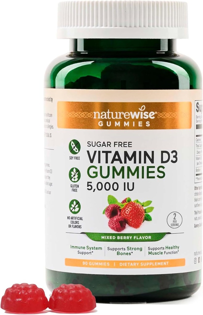 NatureWise Witamina D3 5000 j.m. Gummie - Bezcukrowy mieszany aromat jagodowy - Gummie witaminy D dla dorosłych, Wspiera odporność, mięśnie i wytrzymałość kości - Żelatyna - wolne, Non-GMO - 90 Gummie [45- Day Supply]