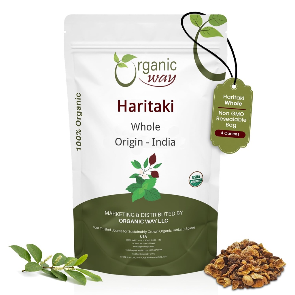 Organic Way Haritaki Whole (Chebulic Myrobalan) Xi124; Terminalia Chebula (Yellow Myrobalan) Xion124; Kosher & USDA Certified Xion124; Vegan, Non-GMO & Gluten Free Xion124; 100% Surowiec z Indii (4 oz - 1 / 4 lbs)