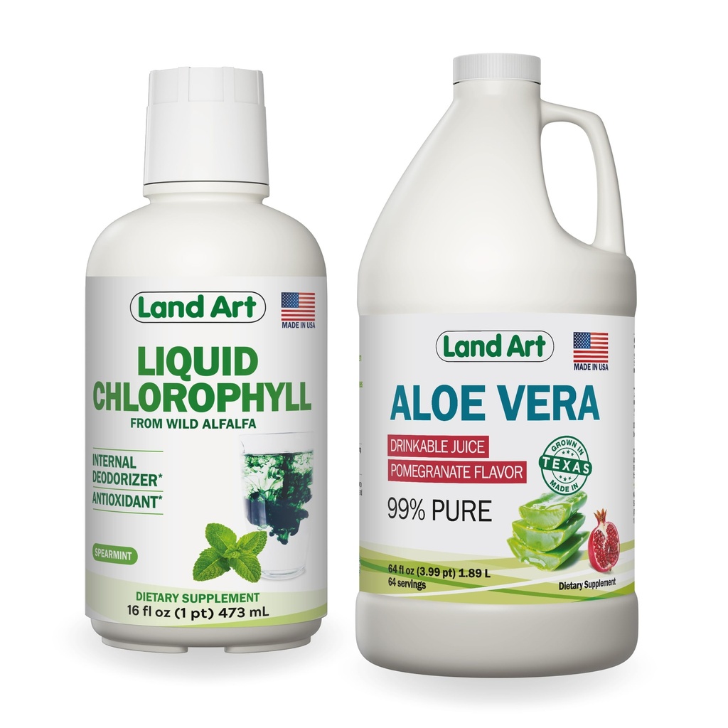 Land Art Aloe Vera Juice - Pomegranat Flavored - Cold Processed - Inner Filet from Organic Fresh Leaves - 64floz + Liquid Chlorophyll Mint Flavored - Cold Extended from Wild Non-GMO Alfalfa - 16floz