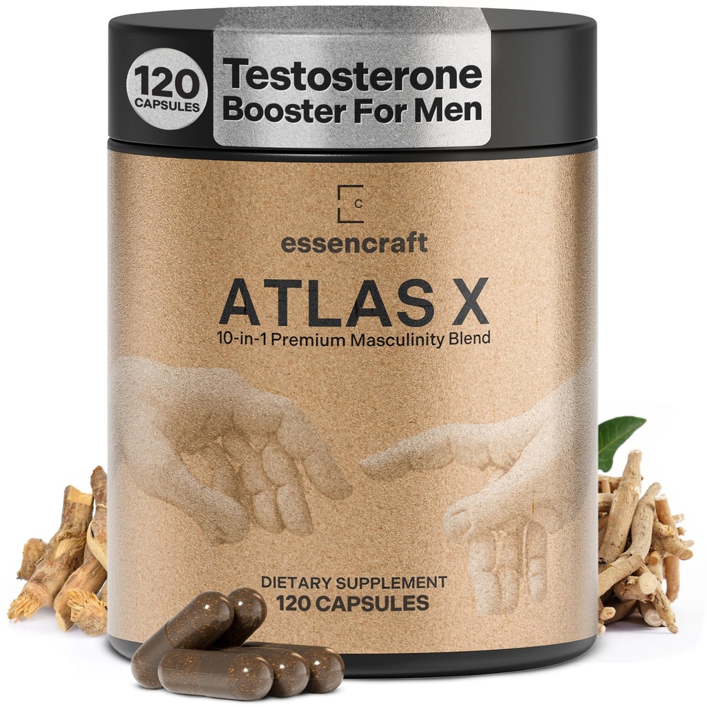 ATLAS X 10- in-1 Masculity Maximiser Supplement for Men - Energia, Siła i Witalność Kapsułki z Shilajit, Ashwagandha, Cynk, Safed Musli, Tongkat Ali, Black Maca, Fadogia Agrestis, 2 Miesiąc Dostawy