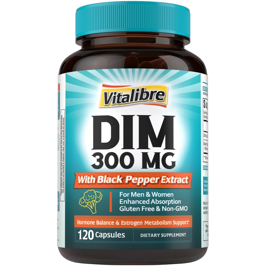 Suplement DIM dla kobiet i mężczyzn, Estrogen Metabolizm, Hormon Balance & Menopauza Wsparcie, DIM 300 mg z Black Pepper Extract, Wysoka Absorpcja, 120 Kapsułki