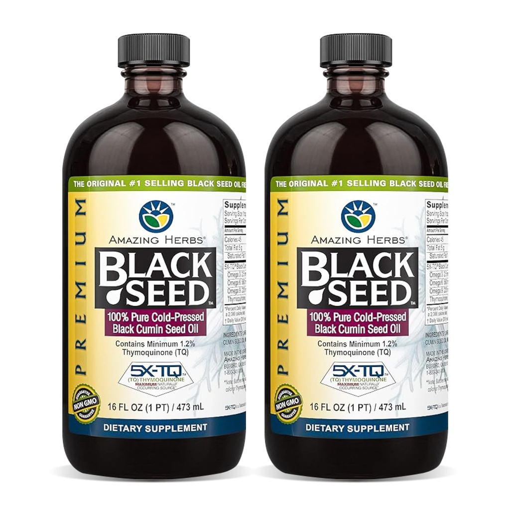 Niesamowite zioła Premium Black Seed Oil - Gluten Free, Nie GMO, Cold Pressed Nigella Sativa Aid in Digestive Health, Wsparcie immunologiczne, Funkcje mózgu - 16 Fl Oz (Pack of 2)