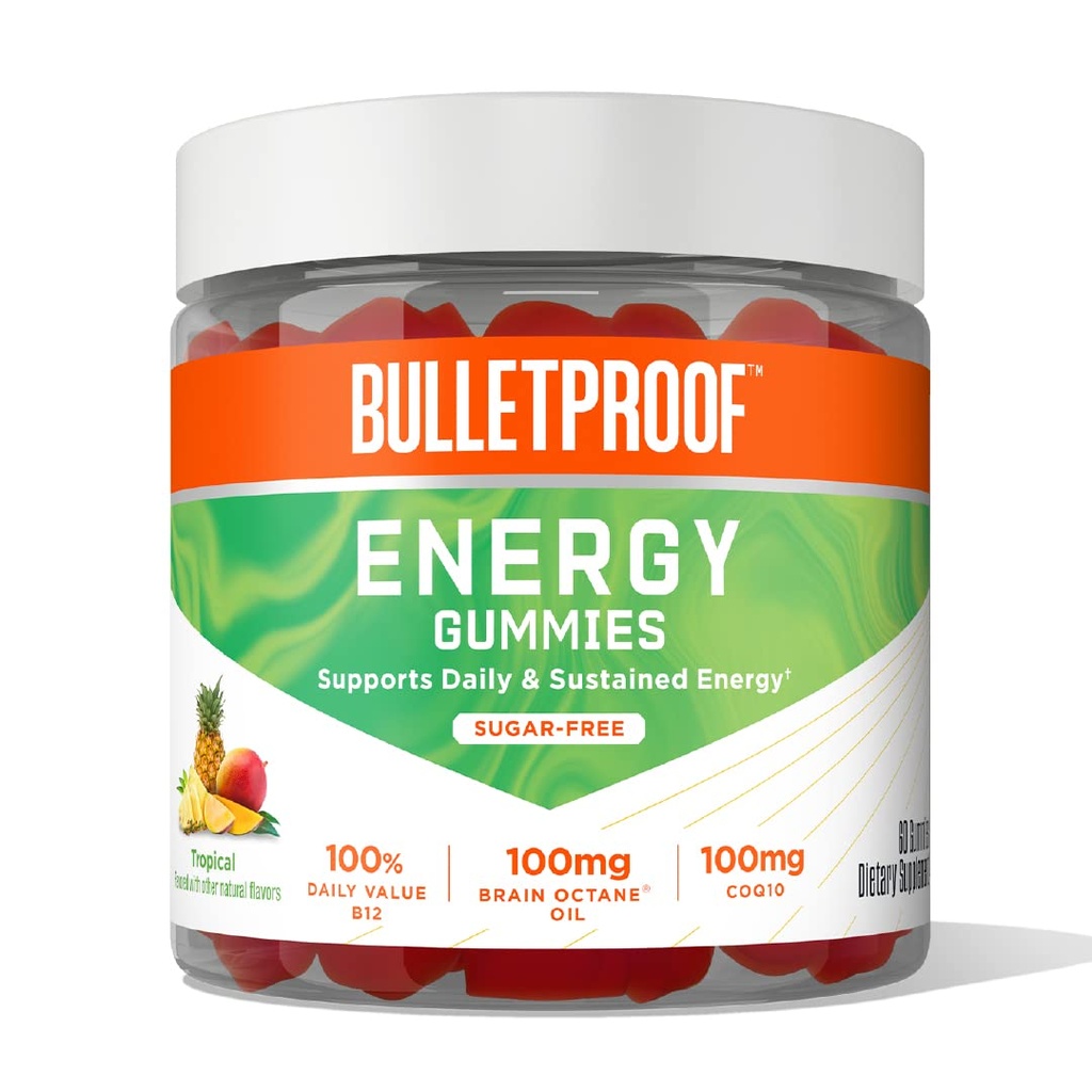 Kuloodporna Sugarfree Tropical Energy Gummies, 60 Count, Suplement dla Daily & Trwała Energia z 100mg CoQ10, Daily Value of B12, 100mg Brain Octane Oil