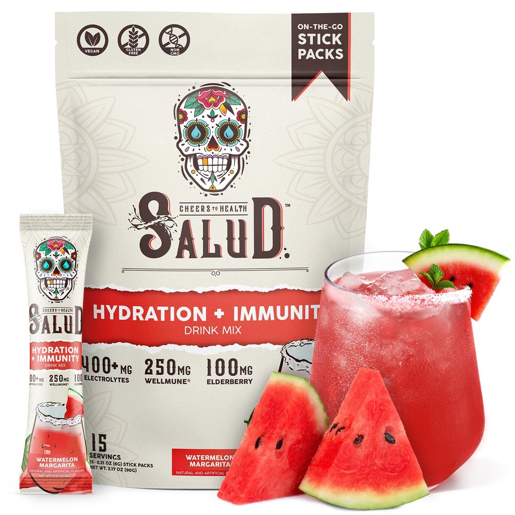 Salud 2- in-1 Hydration and Immunity Electrolytes Powder, Arbuz Margarita - 15 Sług, Agua Fresca Drink Mix, Elderberry, Dairy & Soy Free, Non-GMO, Gluten Free, Wegan, Low Calorie, 1G Sugar