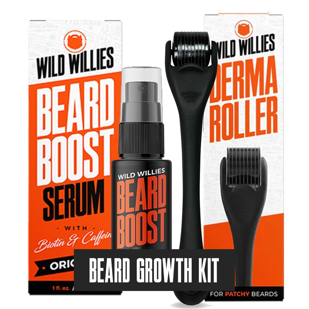 Willy Beard Growth Kit - Premium Derma Roller & Beard Boost Serum - Microneetle Roller & Beard Hair Growth Serum z biotyną i kofeiną dla Fuller Beard, Scalp Care - Łatwy w użyciu zestaw z case