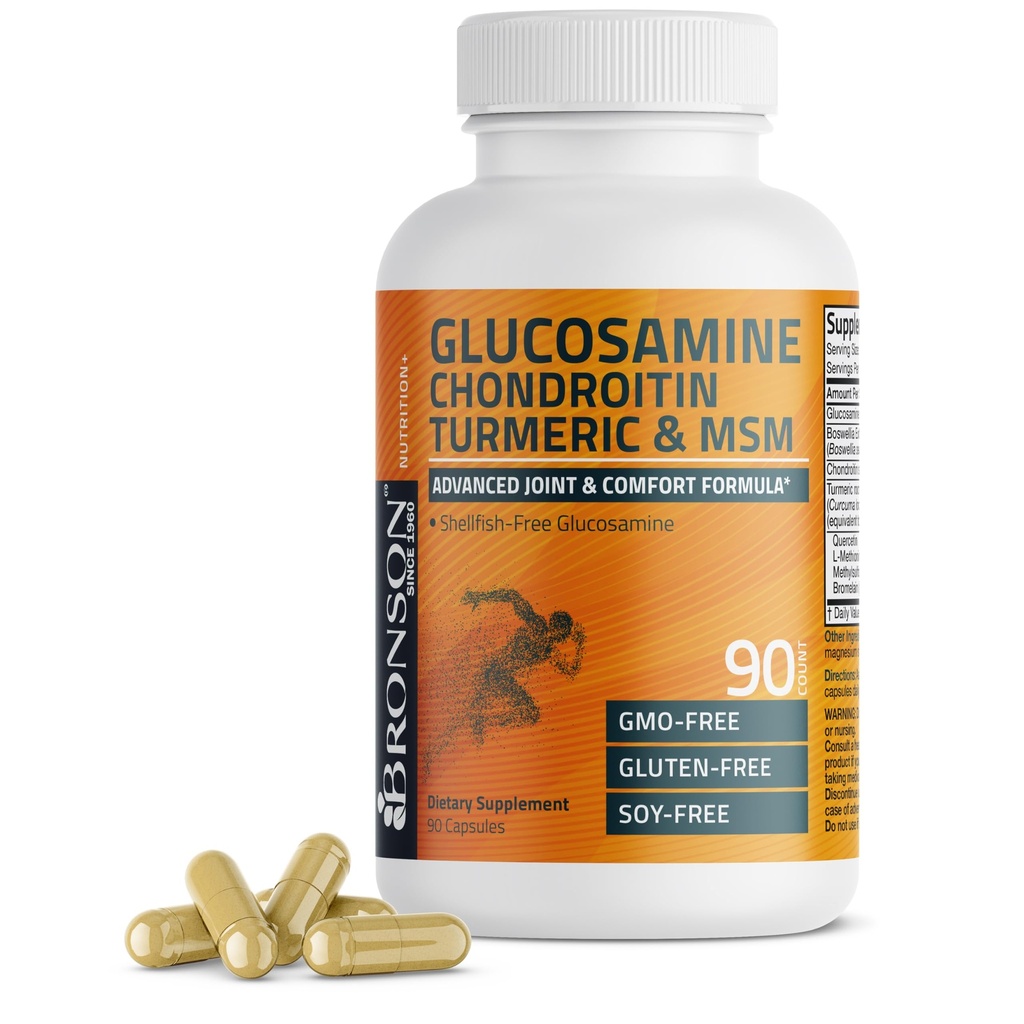 Bronson Glukozamina Chondroitin Turmeric & MSM Advanced Joint & Cartilage Formuła, Wspiera zdrowe połączenia, Mobilność i Chitlage - Non-GMO, 90 Kapsułki