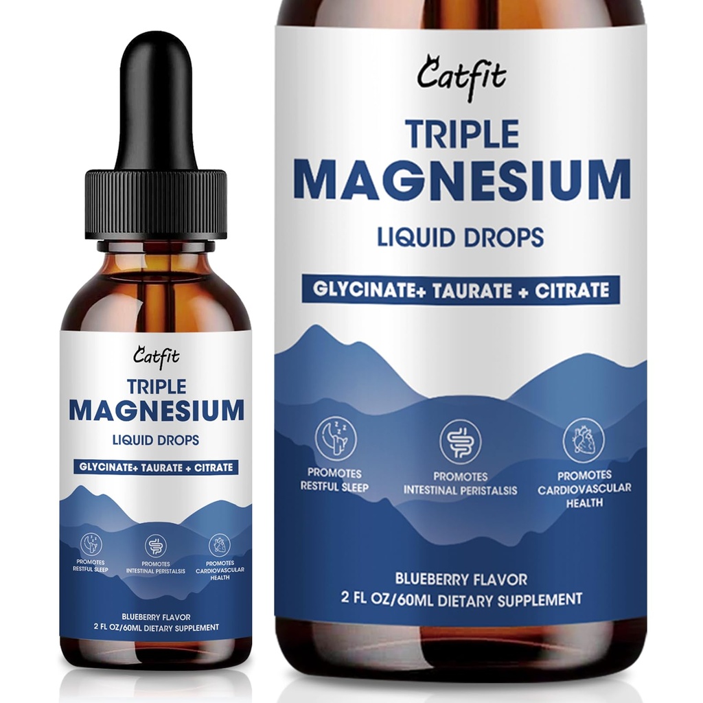 Płynne krople glicynianu magnezu z Taurate & Citrate, Suplement magnezu do snu, Spokój i relaks, z potasu i Omega-3, Wysoka receptura absorpcyjna, Blueberry Flavor, 2 Fl Oz