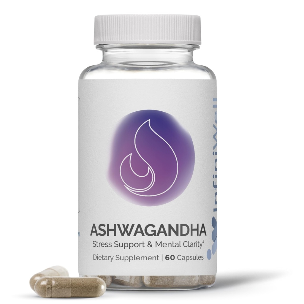 InfiniWell Ashwagandha Suplementy - Ziołowe Suplementy z Shoden Ashwagandha Root - Promowanie mentalnej klarowności, Hormonal Balance, Codzienne Relaks & Odzyskiwanie mięśni (60 Kapsułki)