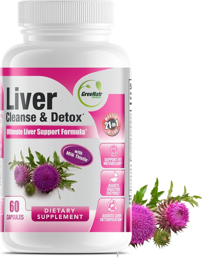 GreeNatr Liver Cleanse Detox & Repair Formula - Mleko Thistle, Berberine, Ginger, Burak Root, Dandelion Root, Artiduck Extract i Chanca Piedra dla optymalnego wsparcia zdrowia wątroby (1 butelka)