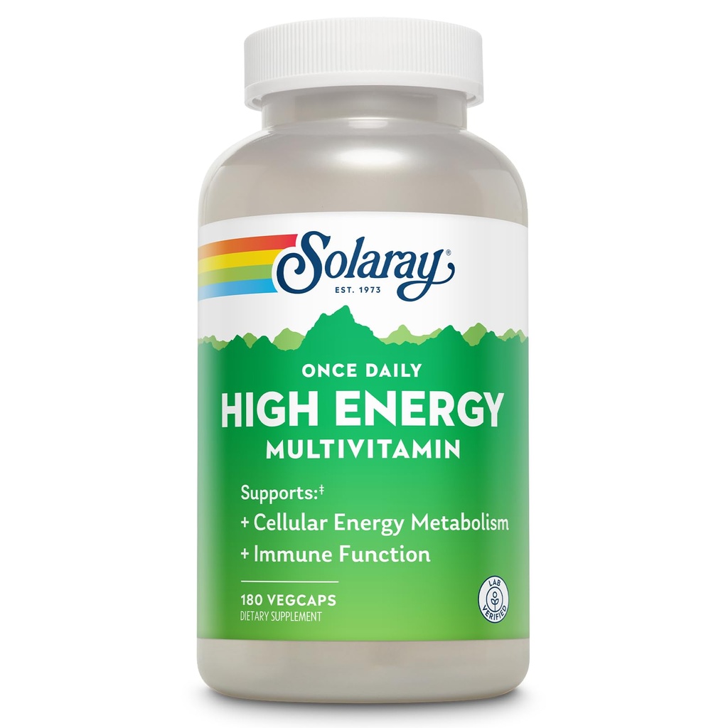 SOLARAY Raz dziennie wysokiej energii Multiwitamina dla kobiet i mężczyzn - Suplementy energii - Wsparcie immunologiczne w / Witamina C, A, D i E, Kompleks witaminy B, Minerały śladowe, 60- dniowa gwarancja, 180 Serv, 180 VegCaps