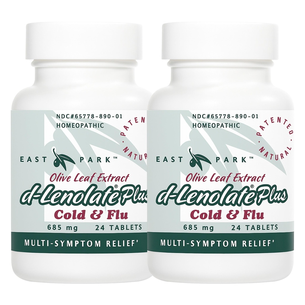 EAST PARK d- Lenolate Plus Cold & Flu Homeopatic Remedy dla dorosłych i dzieci 124; Immune System Booster with Olive Leaf Extract, Neem Leaf Extract & Echinacea 124; 625mg, 24 Tablets Edin124; Non-GMO (Opakowanie po 2)